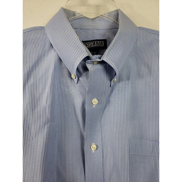 Vintage Lands End Blue Pinstripe Men Button Down Dress Shirt 16 1/2 34 - Picture 3 of 11